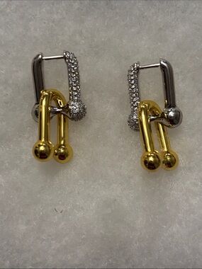 Tiffany & Co. Inspired Two-Tone Gold & Silver Drop Earrings with Pavé Accent
